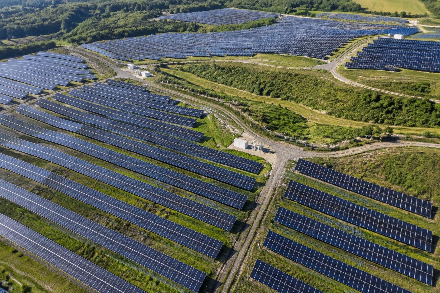 Aerial view of a utility-scale solar photovoltaic site