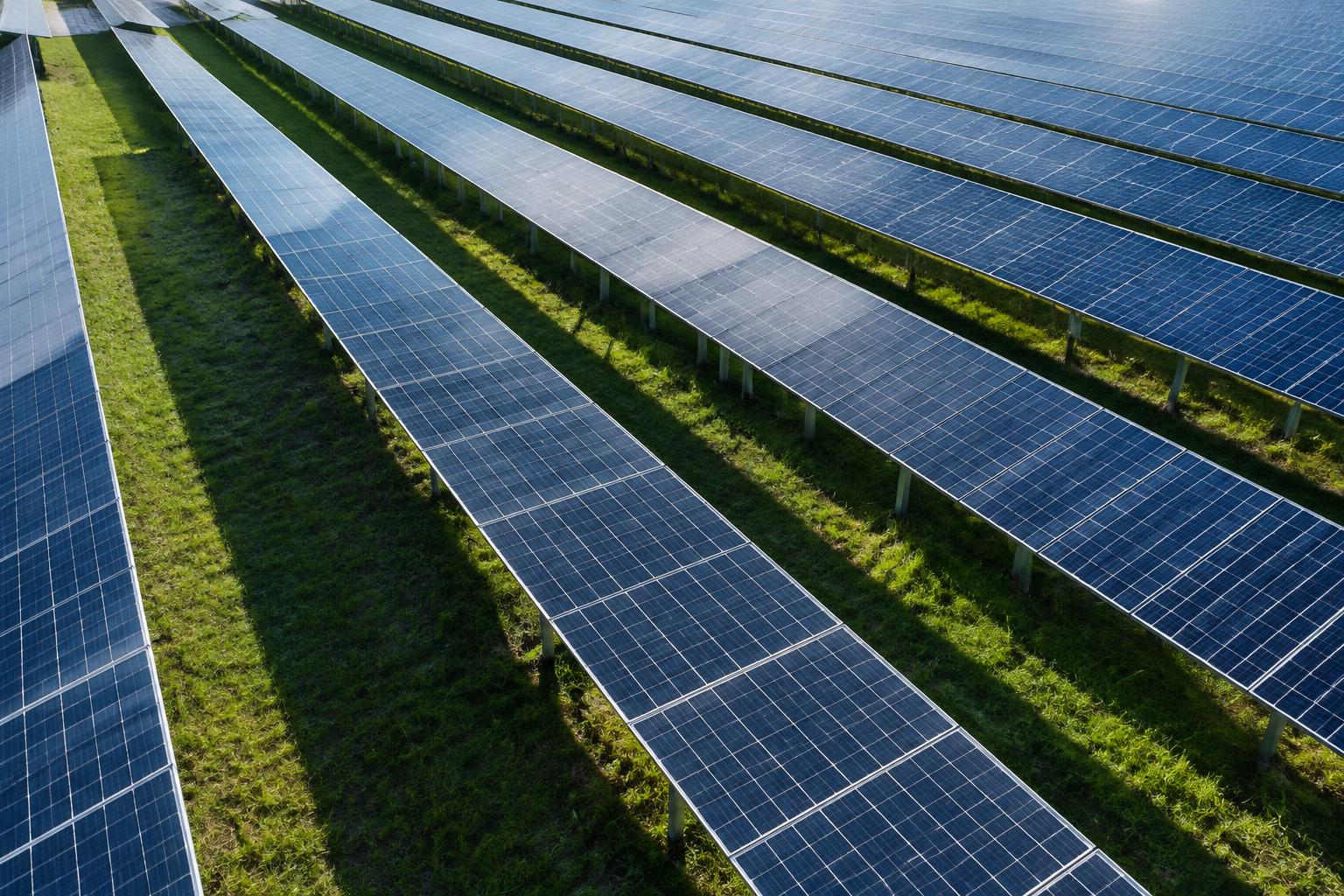 Close aerial view of rows of solar panel arrays
